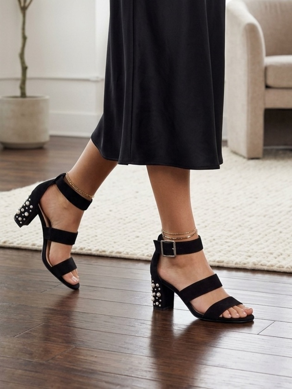 Nine West Black Suede Strappy Block Heel Sandals with Pearled Accent